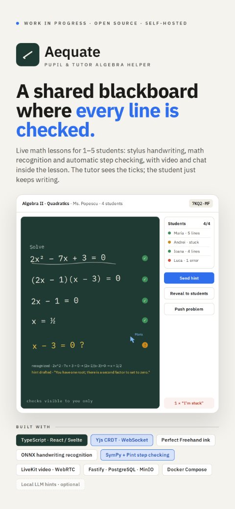Aequate. A shared blackboard where every line is checked. Live math lessons for 1 to 5 students: stylus handwriting, math recognition and automatic step checking, with video and chat inside the lesson. The tutor sees the ticks; the student just keeps writing.